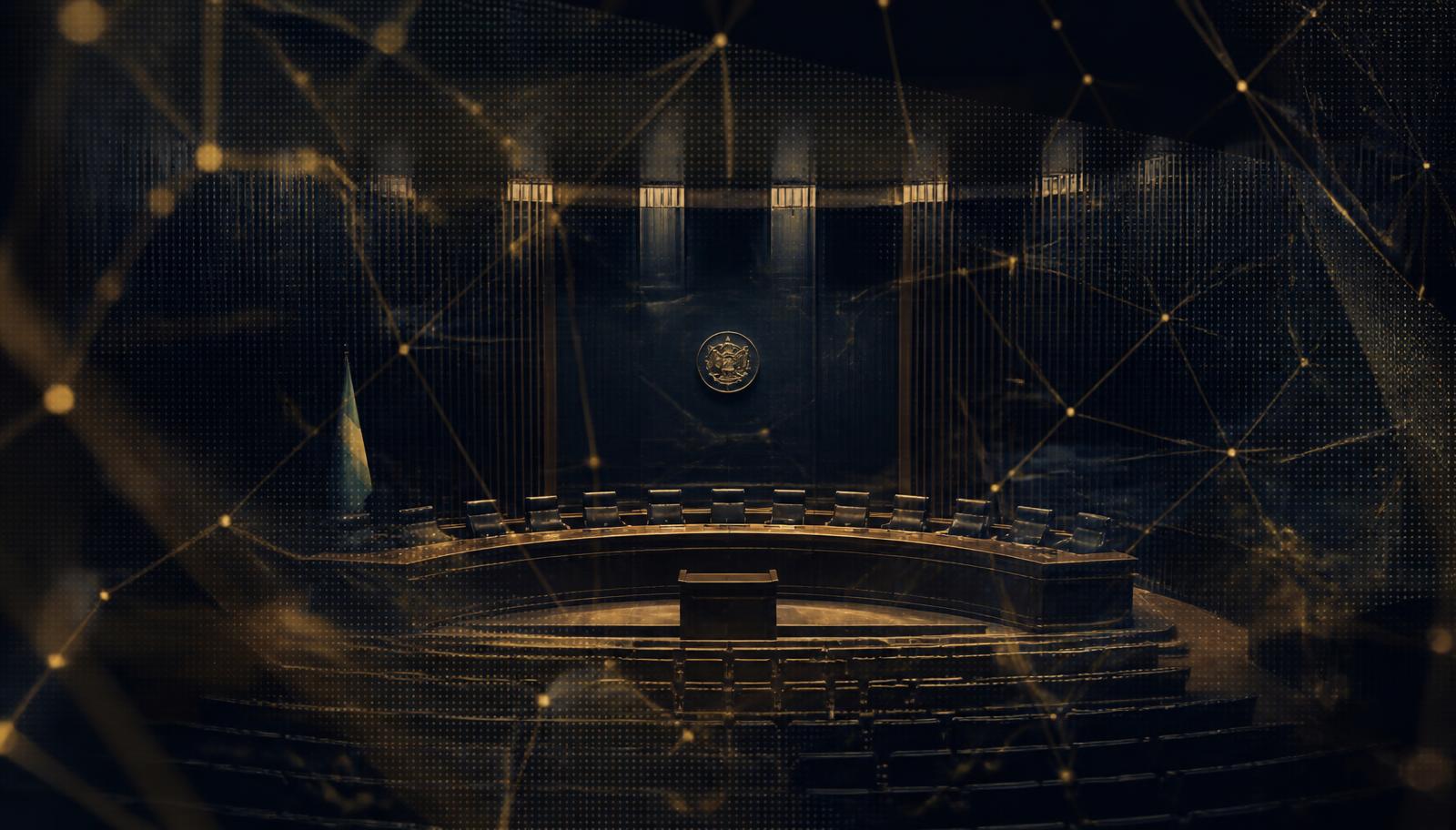 Plenário de corte eleitoral com sobreposição de dados digitais